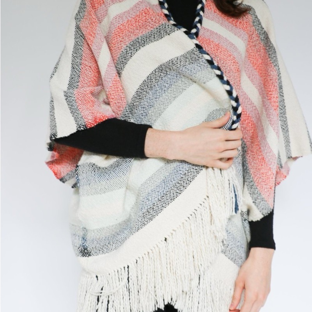 Ulla Johnson Striped Fringe Poncho One Size XL Pink White Gray Open Front Wrap